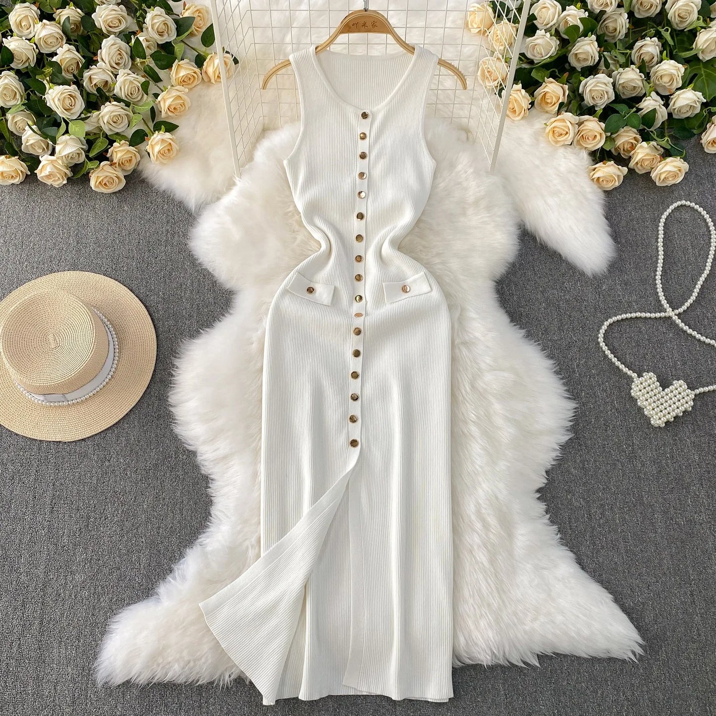 YuooMuoo Brand Style Women Knitted Maxi Dress 2026 New Spring Summer Single-breasted Sleeveless Bodycon Lady Dress Party Vestido