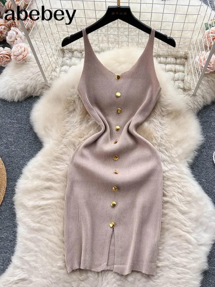 Bottons 2026 Sexy Summer Short Knit Strap Dress Women Tank Elatic Waist Bodycon Sundress Female Beach Split Backless Mini Dress