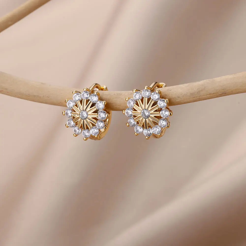 Zircon Snowflake Earrings For Women Gold Color Stainless Steel Flower Geometric Hoop Earring Aesthetic Luxury Wedding Jewerly