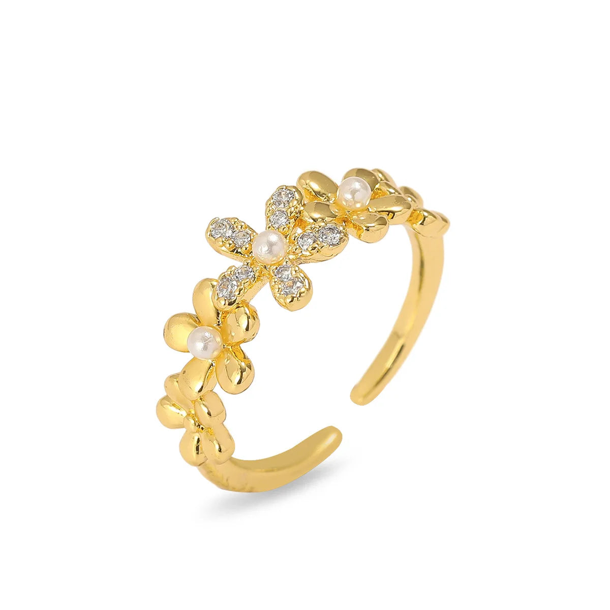 Luxury  Imitation Pearl Zircon Leaf Flower Copper Rings for Women Girls Adjustable Open Ring Jewelry Gifts for Friends