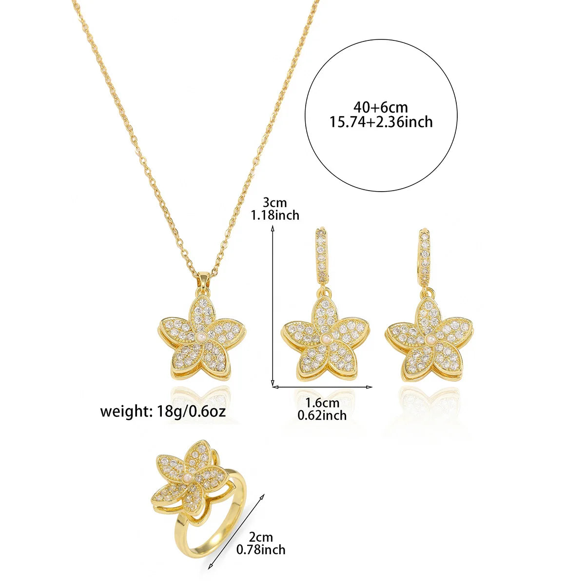 Luxury Rotatable Zircon Flower Necklace Drop Earrings Ring for Women Stainless Steel Chain Necklaces Jewelry Sets Creative Gifts