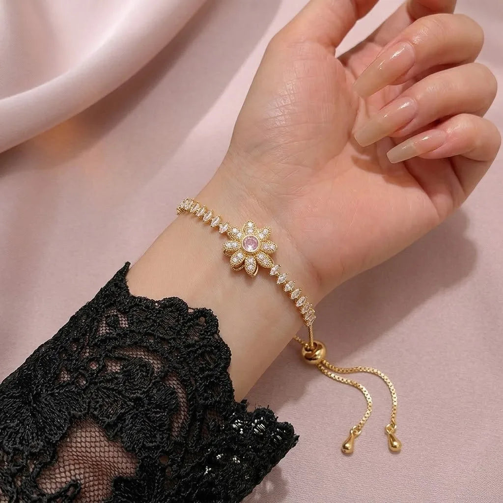 Elegant Pink Crystal White Zircon Rotating Flower Bracelets for Women Trendy Gold Color Chain Sunflower Bracelet Wedding Jewelry