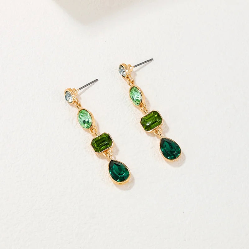 Retro Gradient Green Square Crystal Drop Earrings for Women Elegant Light Luxury Long Pendant Earrings Geometric Jewelry Gifts