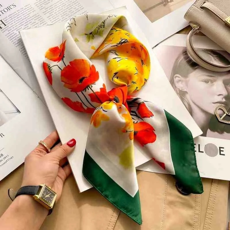 Silk Square Scarf Women Luxury Floral Print Soft Satin Kerchief Hairband Neckerchief Head Hijab Lady Headband Foulard Bag Ribbon