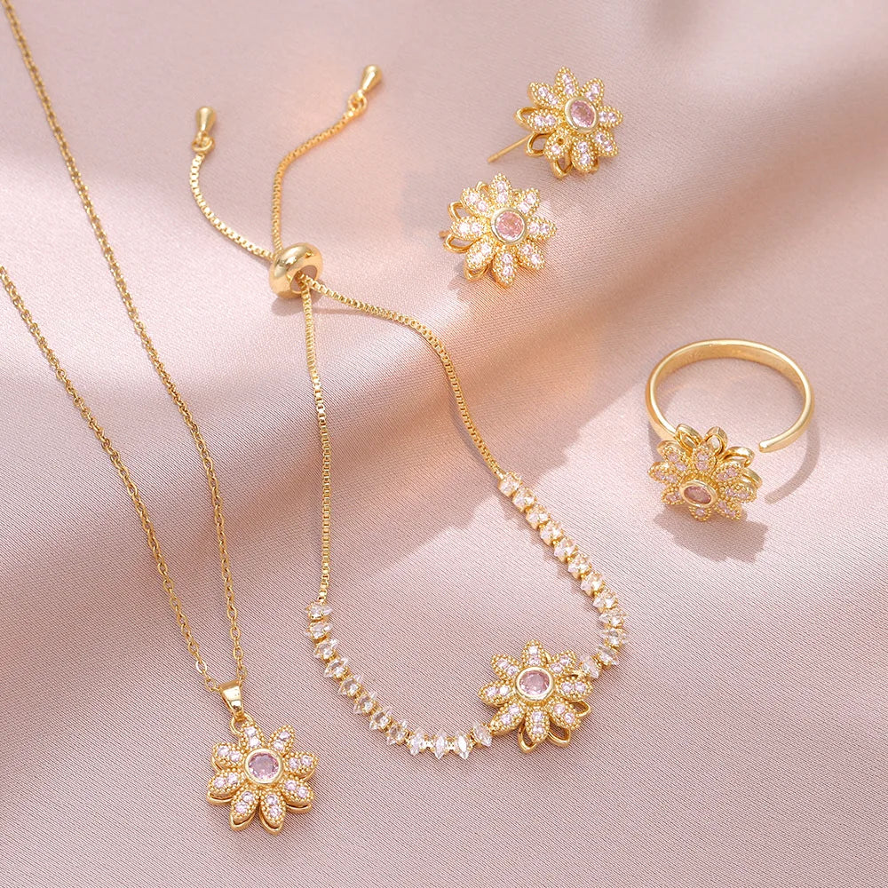 Rotatable Zircon Flower Necklace Earrings Ring Bracelet for Women Luxury Sweet Daisy Flower Jewelry Sets Accessories Gifts