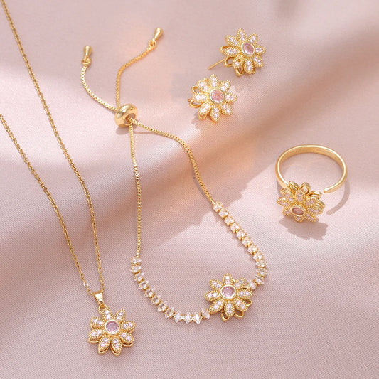 Rotatable Zircon Flower Necklace Earrings Ring Bracelet for Women Luxury Sweet Daisy Flower Jewelry Sets Accessories Gifts