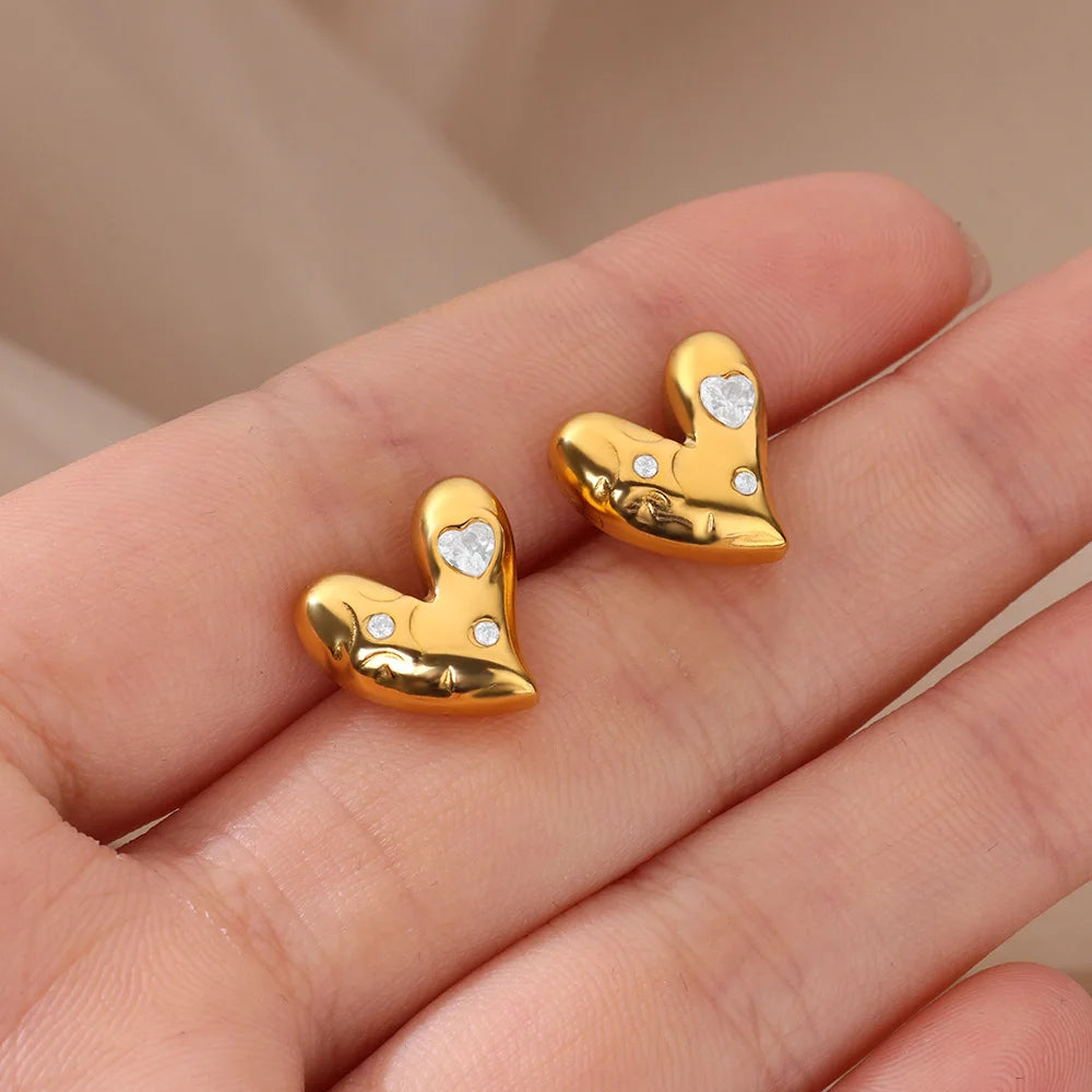 Stainless Steel Gold Plated Heart Shaped Set Zircon Stud Earrings for Women Delicate Hoops Earring Wedding Party Jewelry Gifts