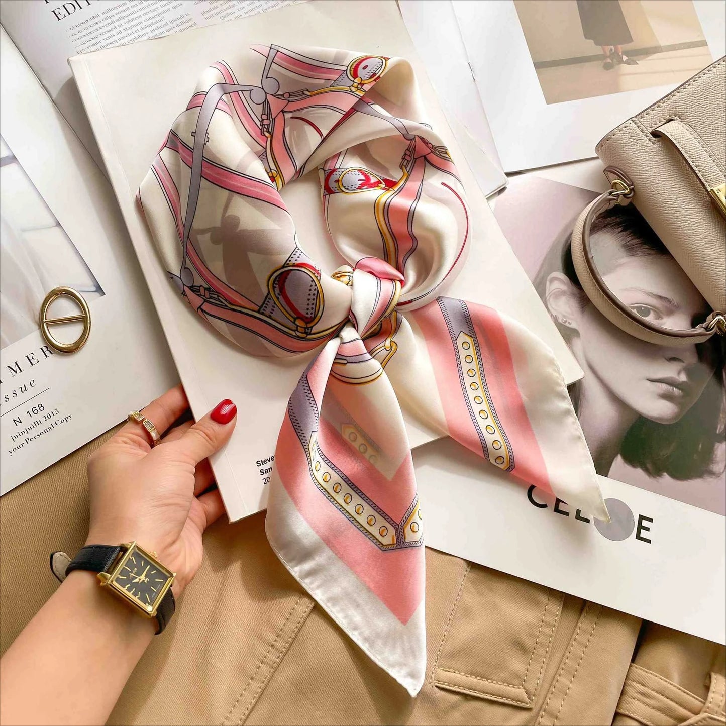 Fashion 70cm Green Print Square Silk Scarf Women Satin Neck Scarves Wrap Headkerchief Beach Hair Band Women's Bandana