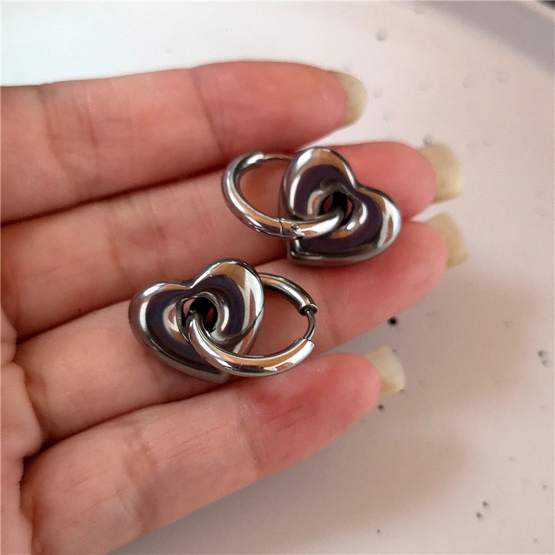 Stainless Steel Asymmetric Star Love Heart Hoop Earrings For Women Men Punk Hip Hop Trend Y2K Fashion Jewelry Scene Accessories