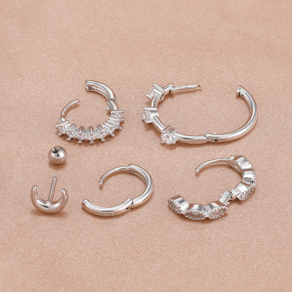 5PCS 20MM Luxury Crystal Hoop Earrings Set For Women Stainless Steel Moon Ear Stud Earring Jewelry Wedding Party Girls Gift
