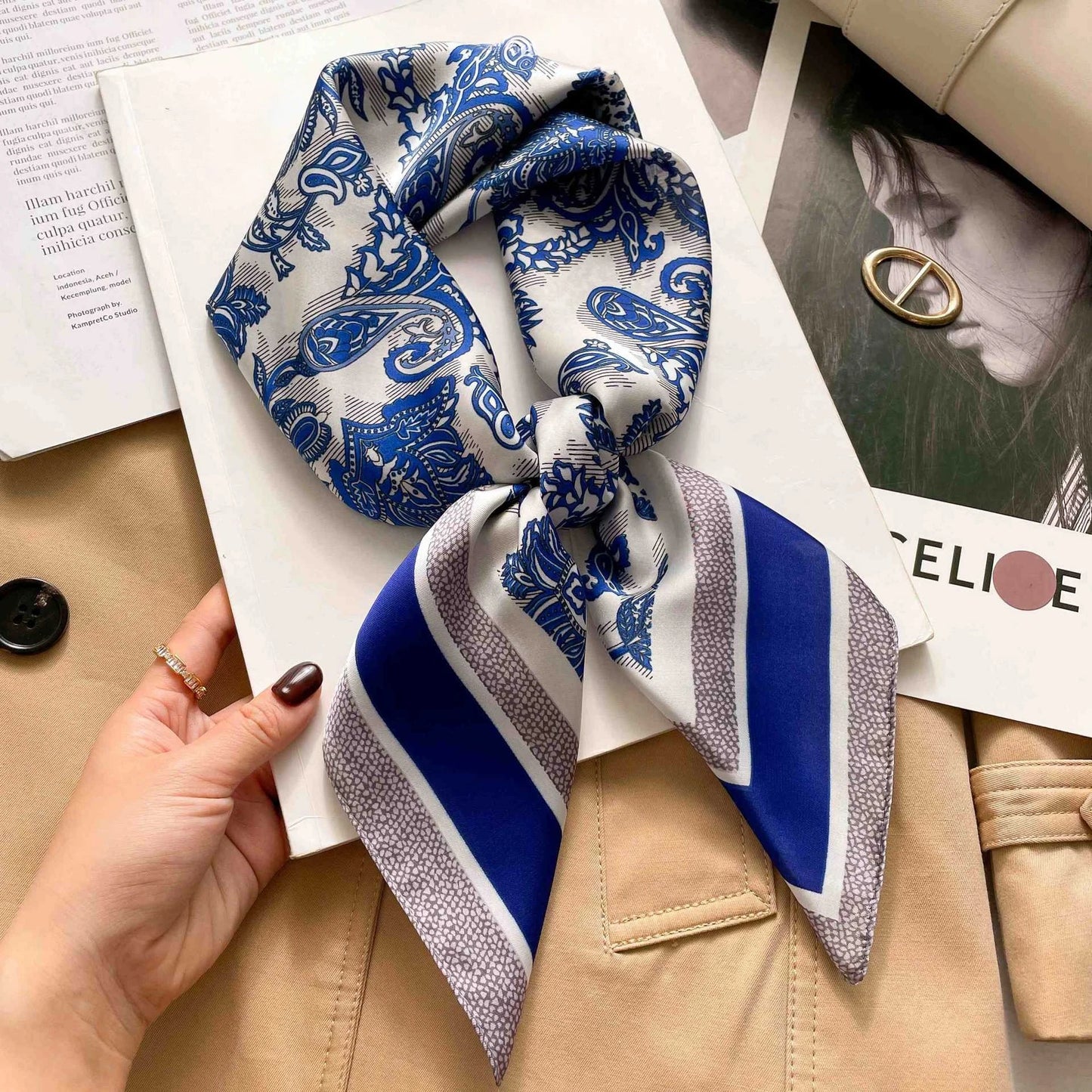 Fashion 70cm Green Print Square Silk Scarf Women Satin Neck Scarves Wrap Headkerchief Beach Hair Band Women's Bandana