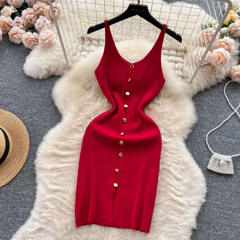 Bottons 2026 Sexy Summer Short Knit Strap Dress Women Tank Elatic Waist Bodycon Sundress Female Beach Split Backless Mini Dress