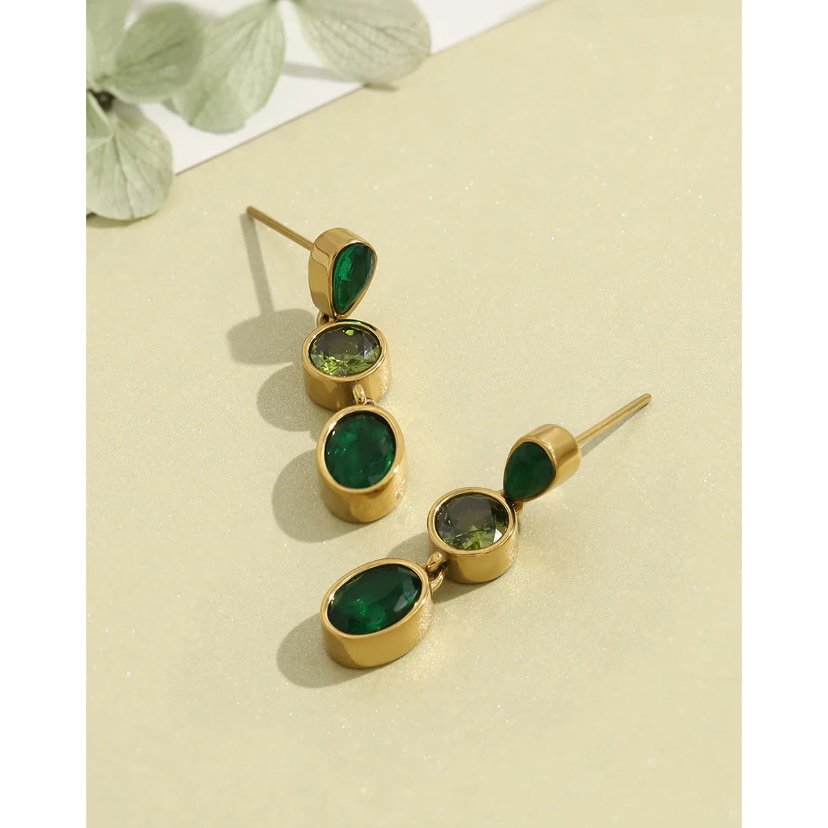 YACHAN Vintage Luxury Green Zircon Crystal Drop Earrings for Women 18K Gold Plated Stainless Steel Waterproof Trendy Jewelry