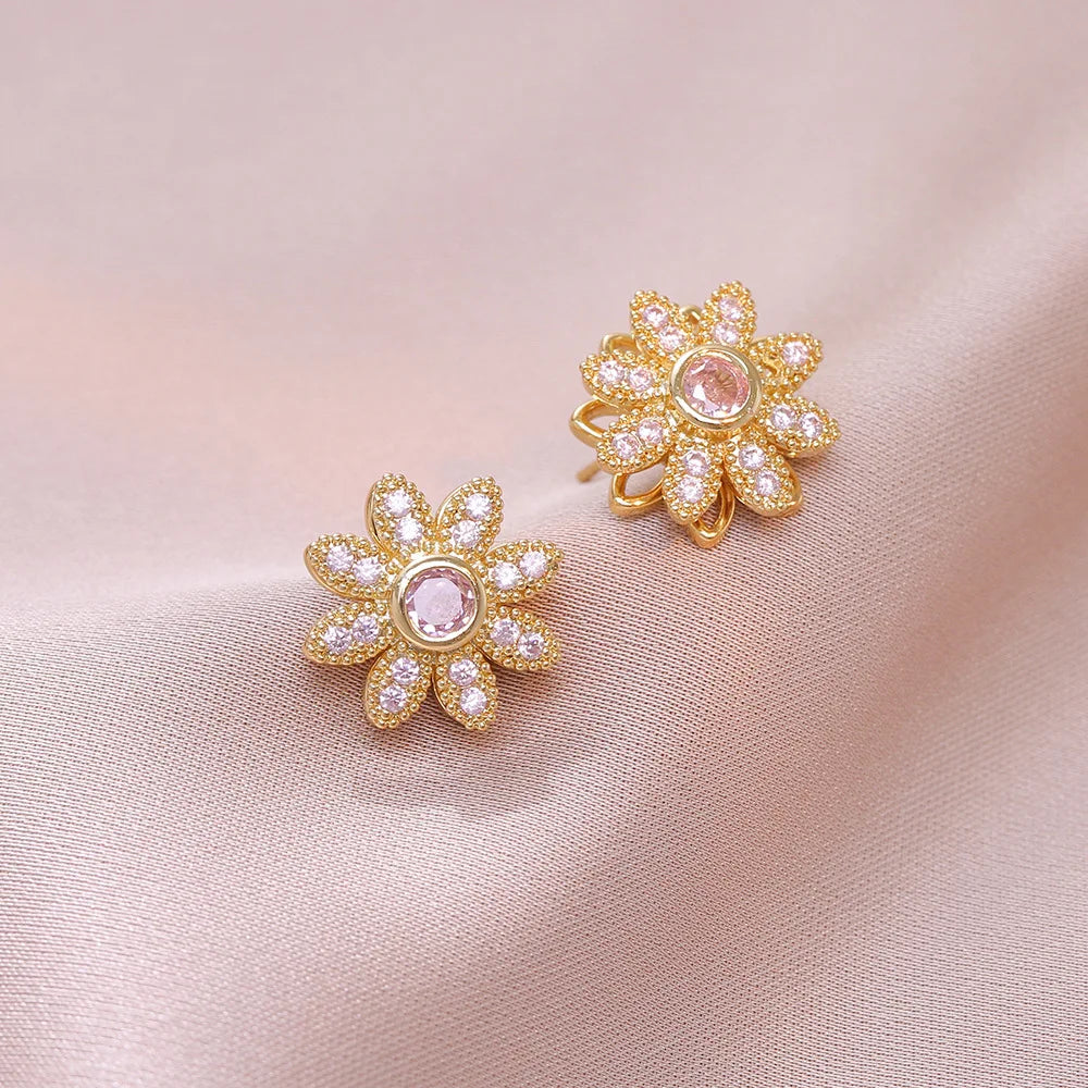 Rotatable Zircon Flower Necklace Earrings Ring Bracelet for Women Luxury Sweet Daisy Flower Jewelry Sets Accessories Gifts