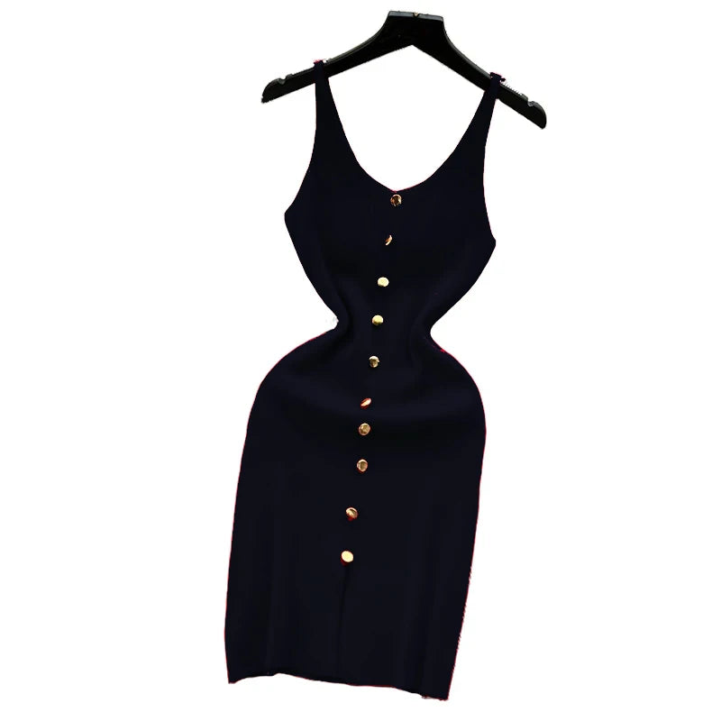2024 Solid Button Front Spaghetti Dress Sexy Split Knit Cami Dress Bodycon Women's Clothing Outfits Split