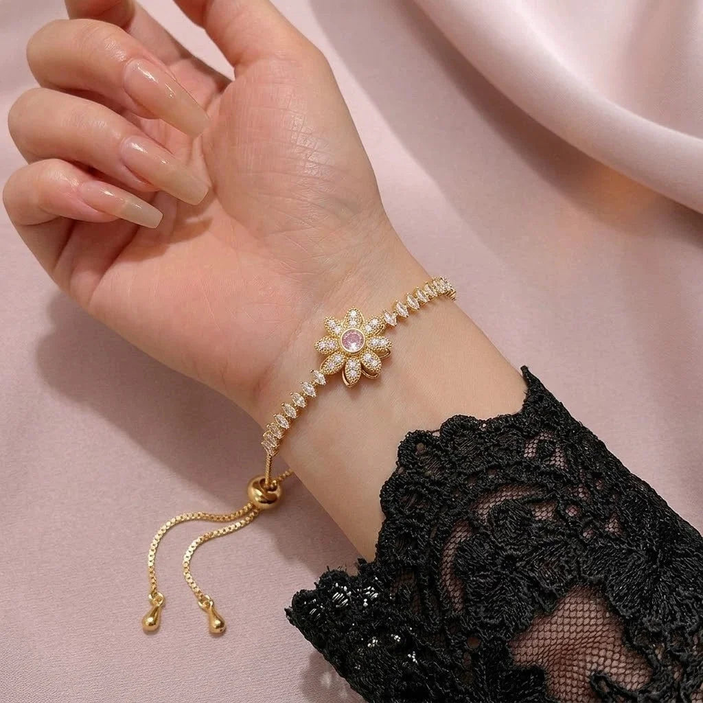 Elegant Pink Crystal White Zircon Rotating Flower Bracelets for Women Trendy Gold Color Chain Sunflower Bracelet Wedding Jewelry