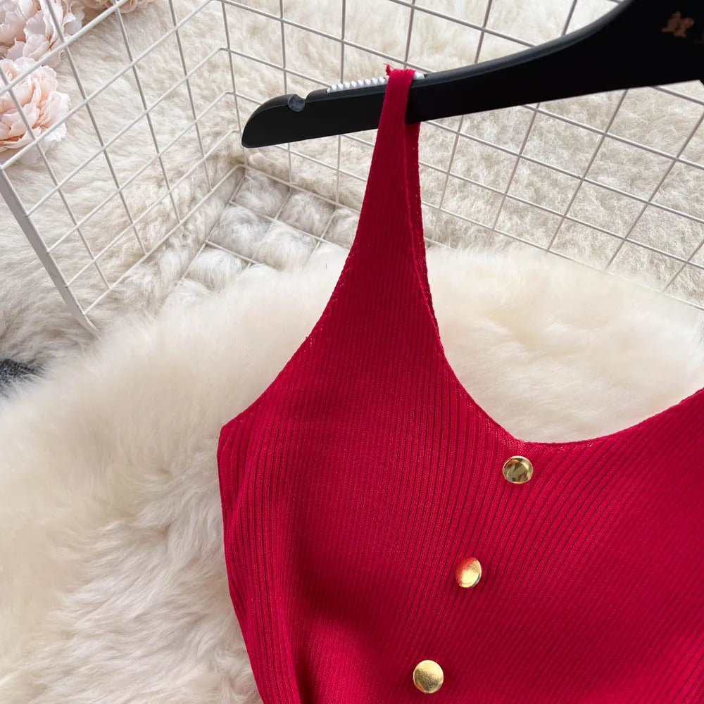 Bottons 2026 Sexy Summer Short Knit Strap Dress Women Tank Elatic Waist Bodycon Sundress Female Beach Split Backless Mini Dress