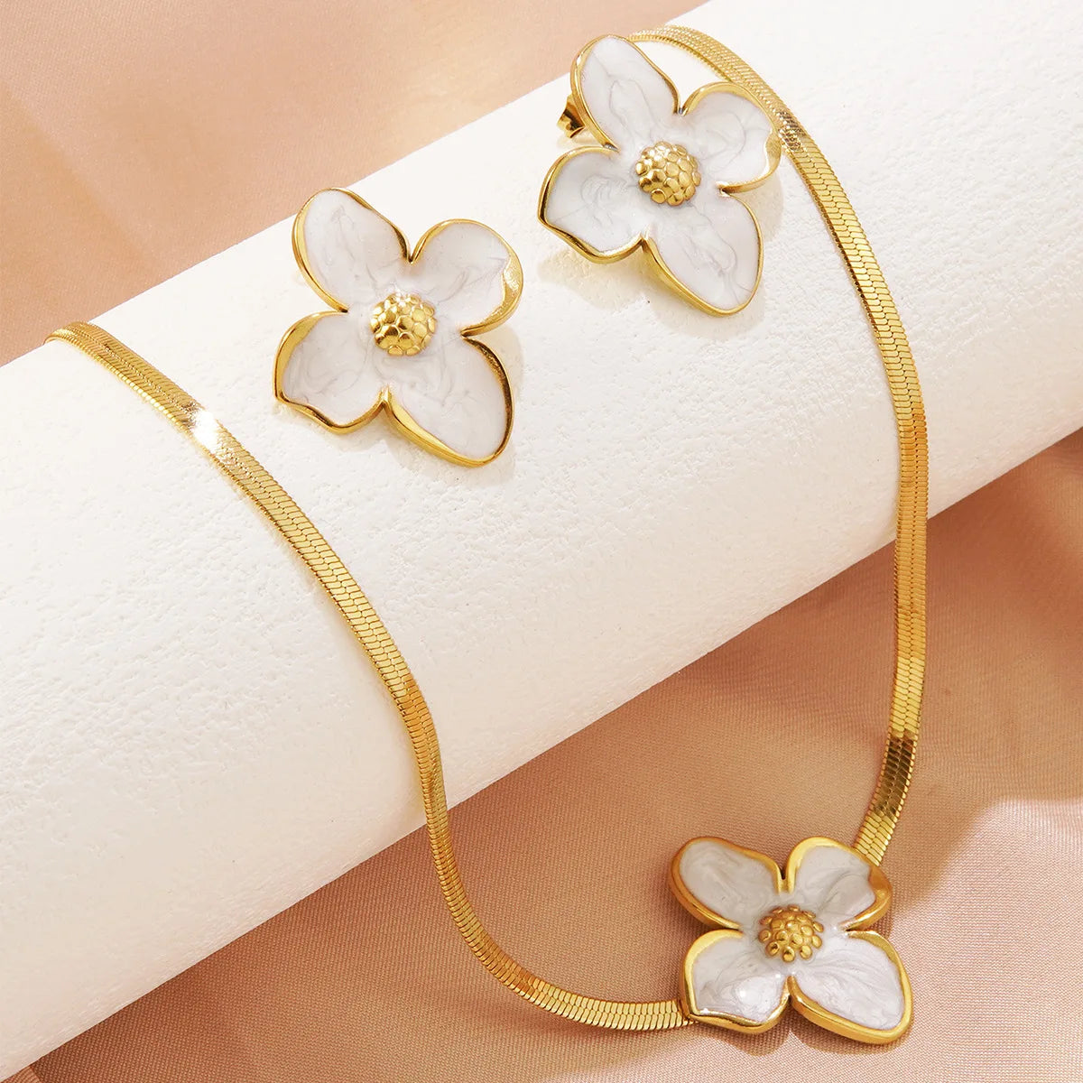 Stainless Steel Dripping Oil Flower Necklace Earring Set Light Luxury High-end Color Drip Glaze Frangipani Jewelry Set