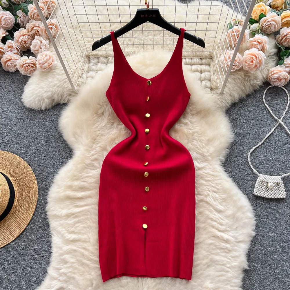 Bottons 2026 Sexy Summer Short Knit Strap Dress Women Tank Elatic Waist Bodycon Sundress Female Beach Split Backless Mini Dress