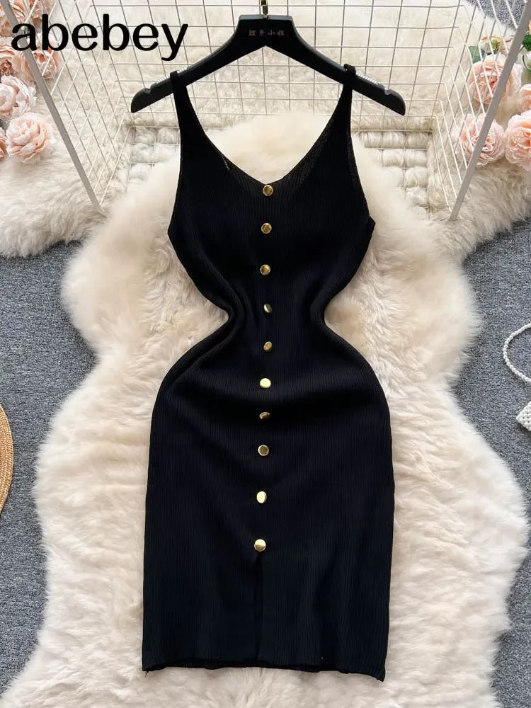 Bottons 2026 Sexy Summer Short Knit Strap Dress Women Tank Elatic Waist Bodycon Sundress Female Beach Split Backless Mini Dress