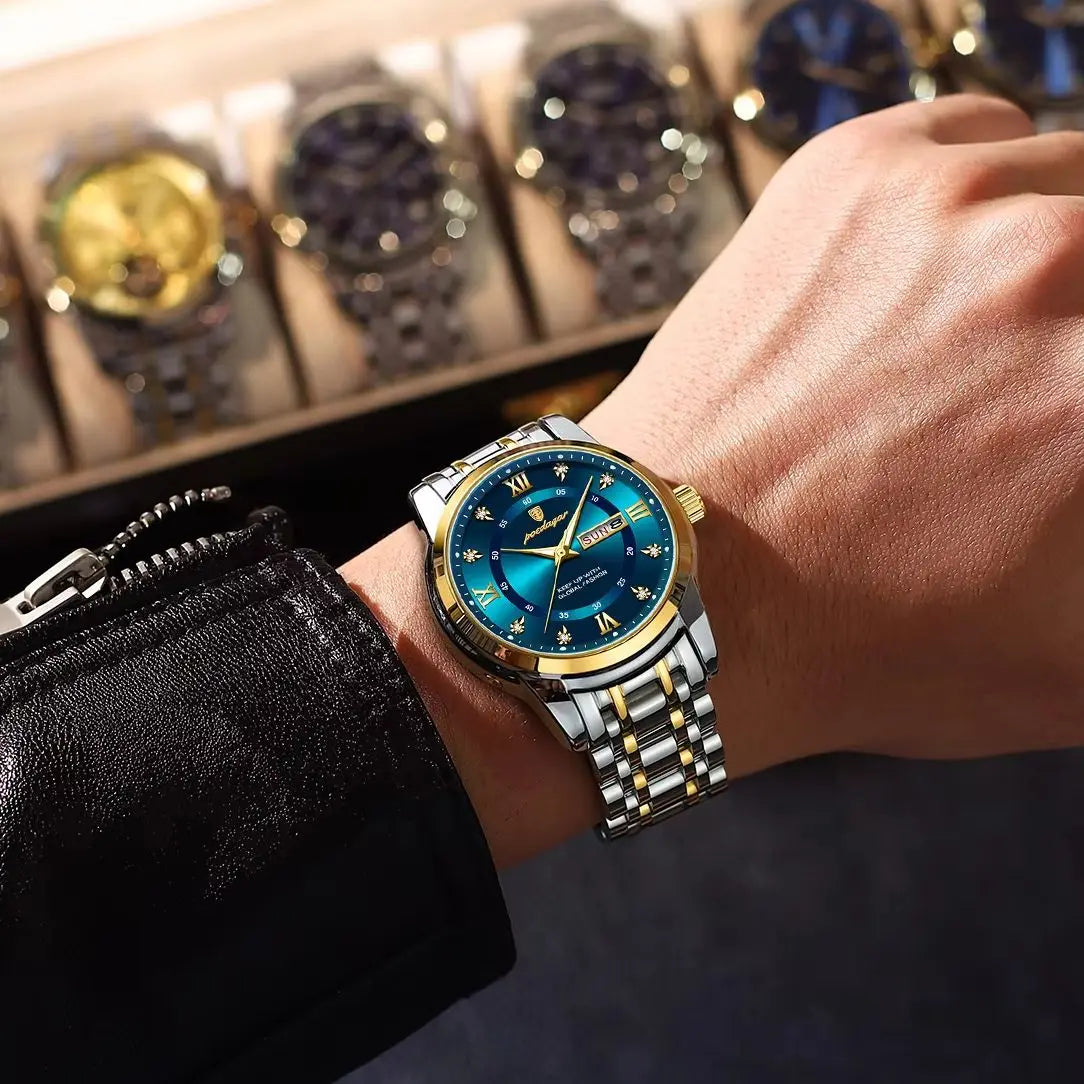 POEDAGAR Fashion Business Men's Quartz Watch Date Week Stainless Steel Man Wristwatch Waterproof Luminous Luxury Watches for Men