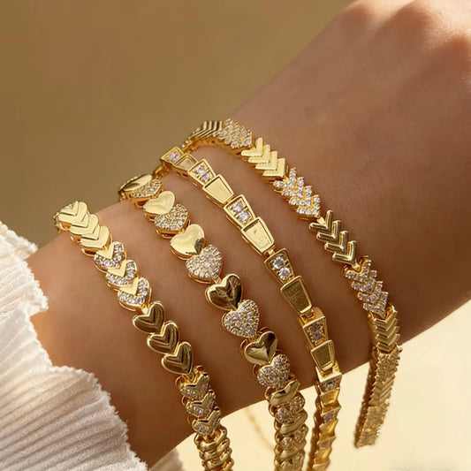 5Pcs ﻿ Fashionable Multi Style Copper Plated 18K Gold Zircon Handmade Chain Bracelet Luxury for Daily Wear, Mother's Day Gift