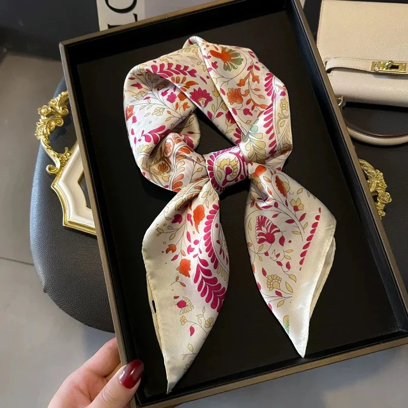 Silk Square Scarf Women Luxury Floral Print Soft Satin Kerchief Hairband Neckerchief Head Hijab Lady Headband Foulard Bag Ribbon