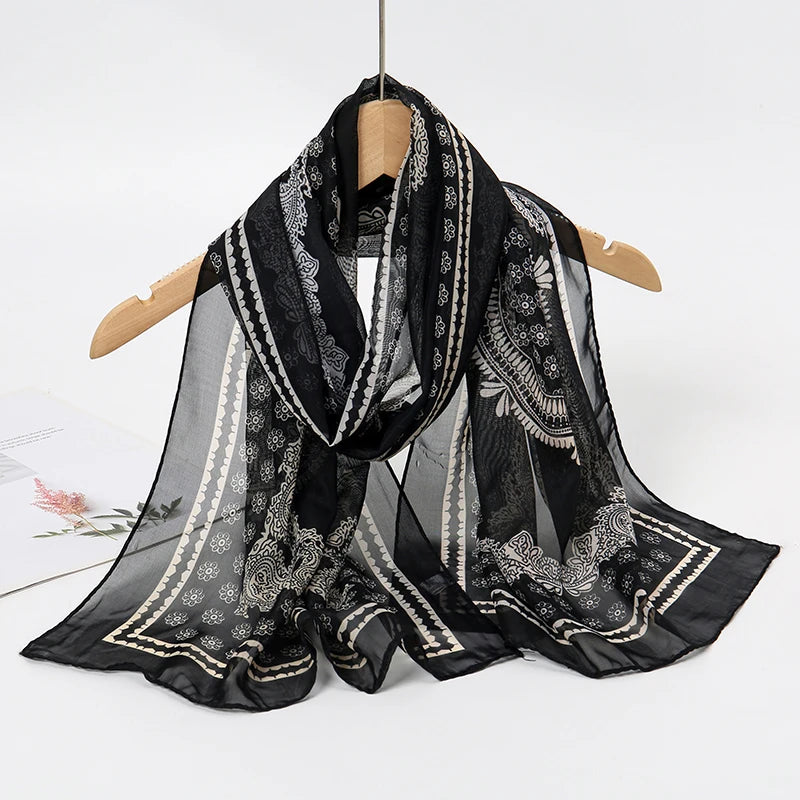 2026 New Print Chiffon Scarf Shawl Women Sunscreen Silk Scarf Turban Long Wrap Beach Travel Outdoor Accessories Trendy Headband
