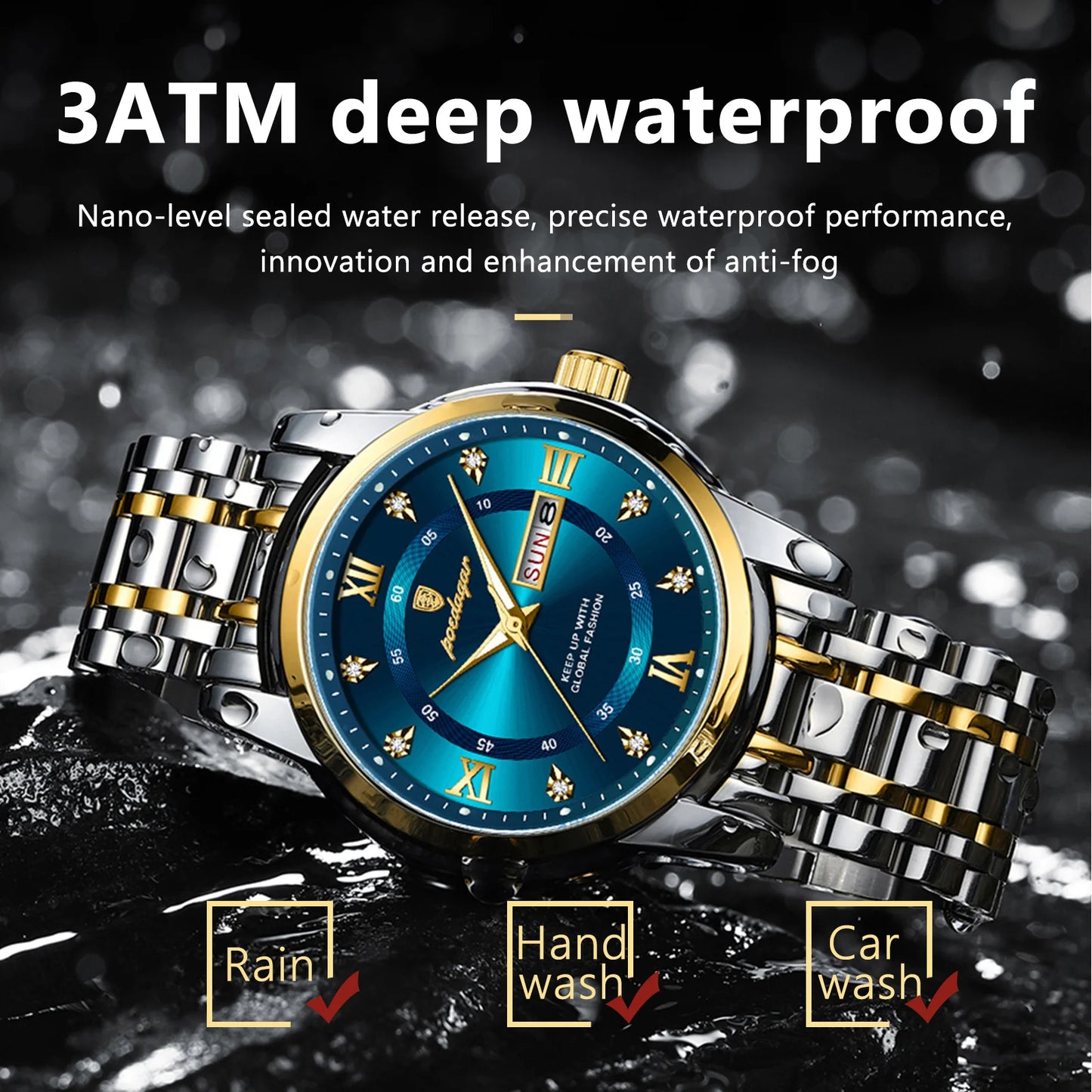 POEDAGAR Fashion Business Men's Quartz Watch Date Week Stainless Steel Man Wristwatch Waterproof Luminous Luxury Watches for Men