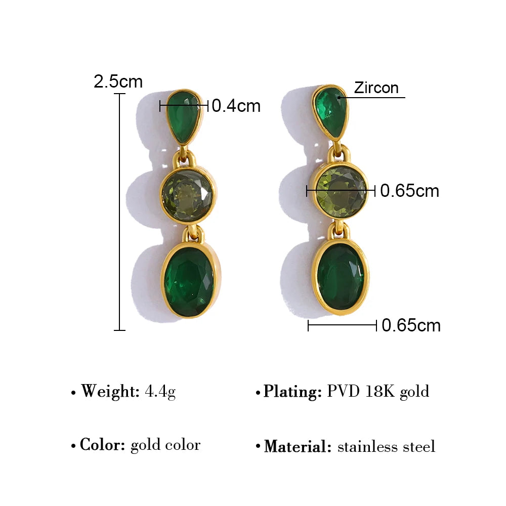 YACHAN Vintage Luxury Green Zircon Crystal Drop Earrings for Women 18K Gold Plated Stainless Steel Waterproof Trendy Jewelry