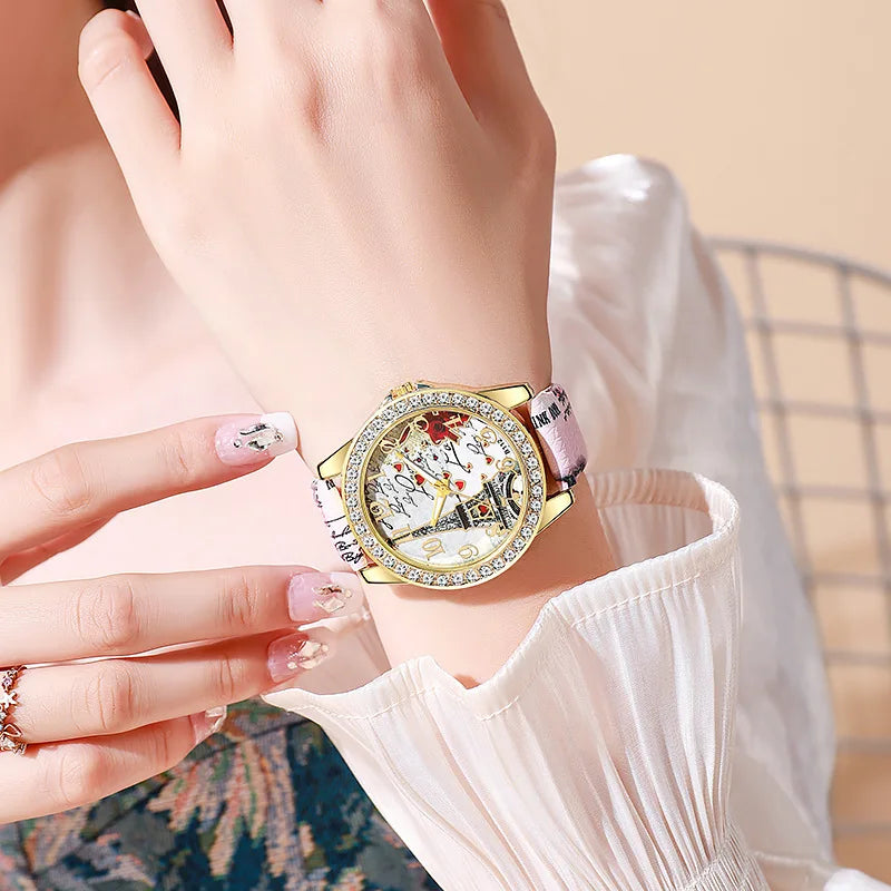 Fashion Large Dial Ladies Quartz Watch Romantic Eiffel Tower Design Women Leather Clock Gift Dress Watches