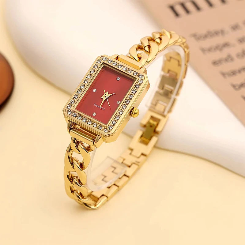Luxury Square Red Dial Women's Watch - Gold Chain Bracelet, Crystal Bezel, Elegant Dress Watch for Party & Formal Wear"