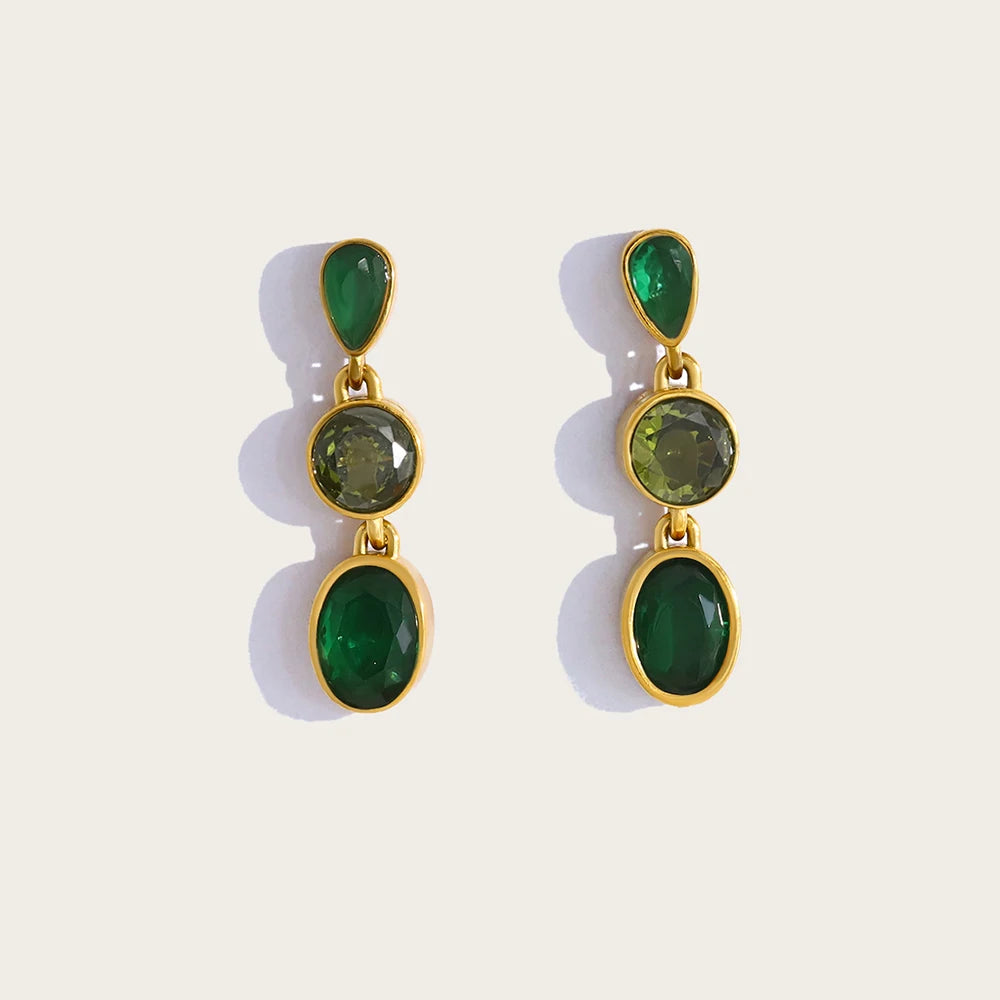 YACHAN Vintage Luxury Green Zircon Crystal Drop Earrings for Women 18K Gold Plated Stainless Steel Waterproof Trendy Jewelry