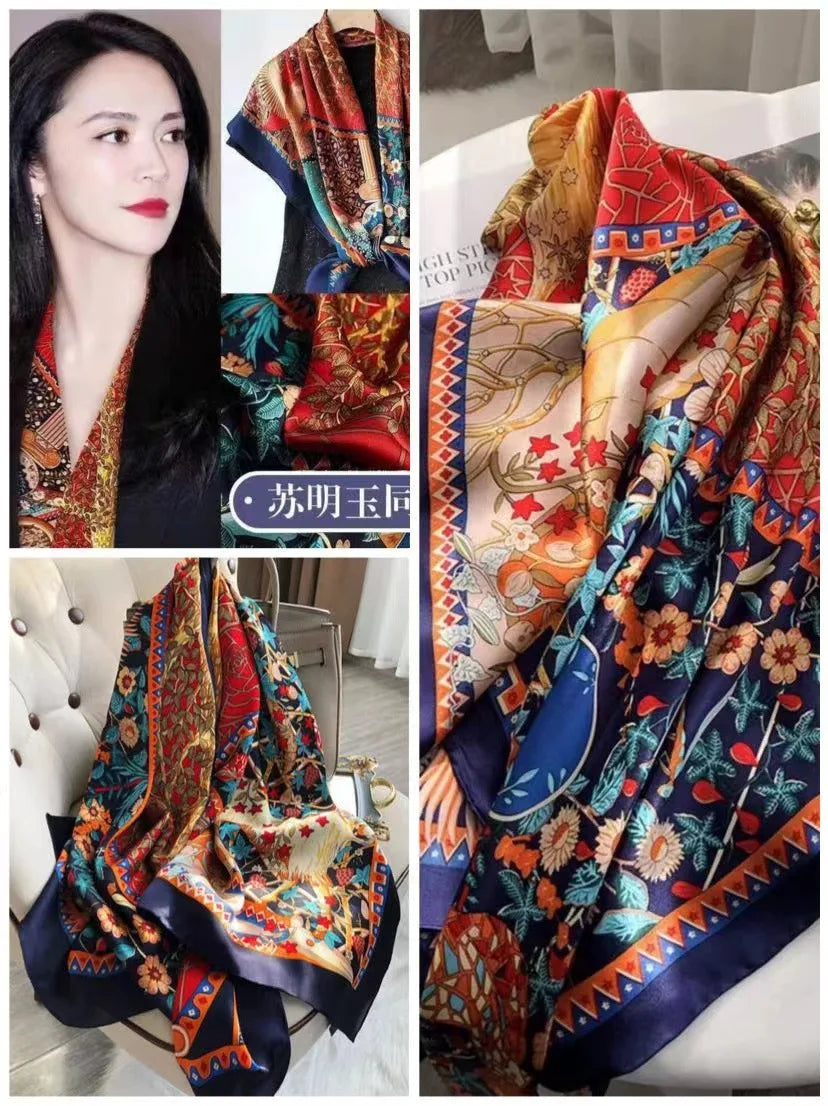 180*90cm Scarves Luxury Brand Long Silk Scarf Women Soft Shawl Wrap Muffler Hijab Bufanda Foulard Female Bandana Beach Stoles