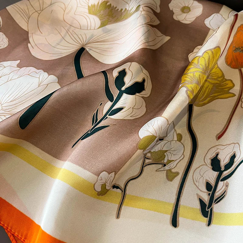 27.5" Elegant Floral Print Satin Square Scarf for Women Soft Lightweight Shawl Neck Accessory Headband Sun Protection Scarf