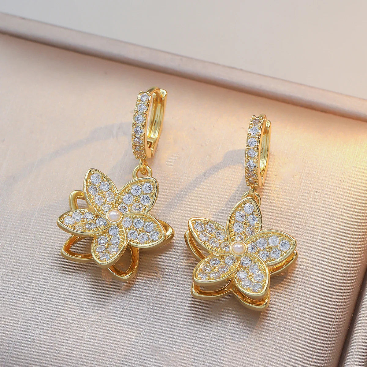 Luxury Rotatable Zircon Flower Necklace Drop Earrings Ring for Women Stainless Steel Chain Necklaces Jewelry Sets Creative Gifts