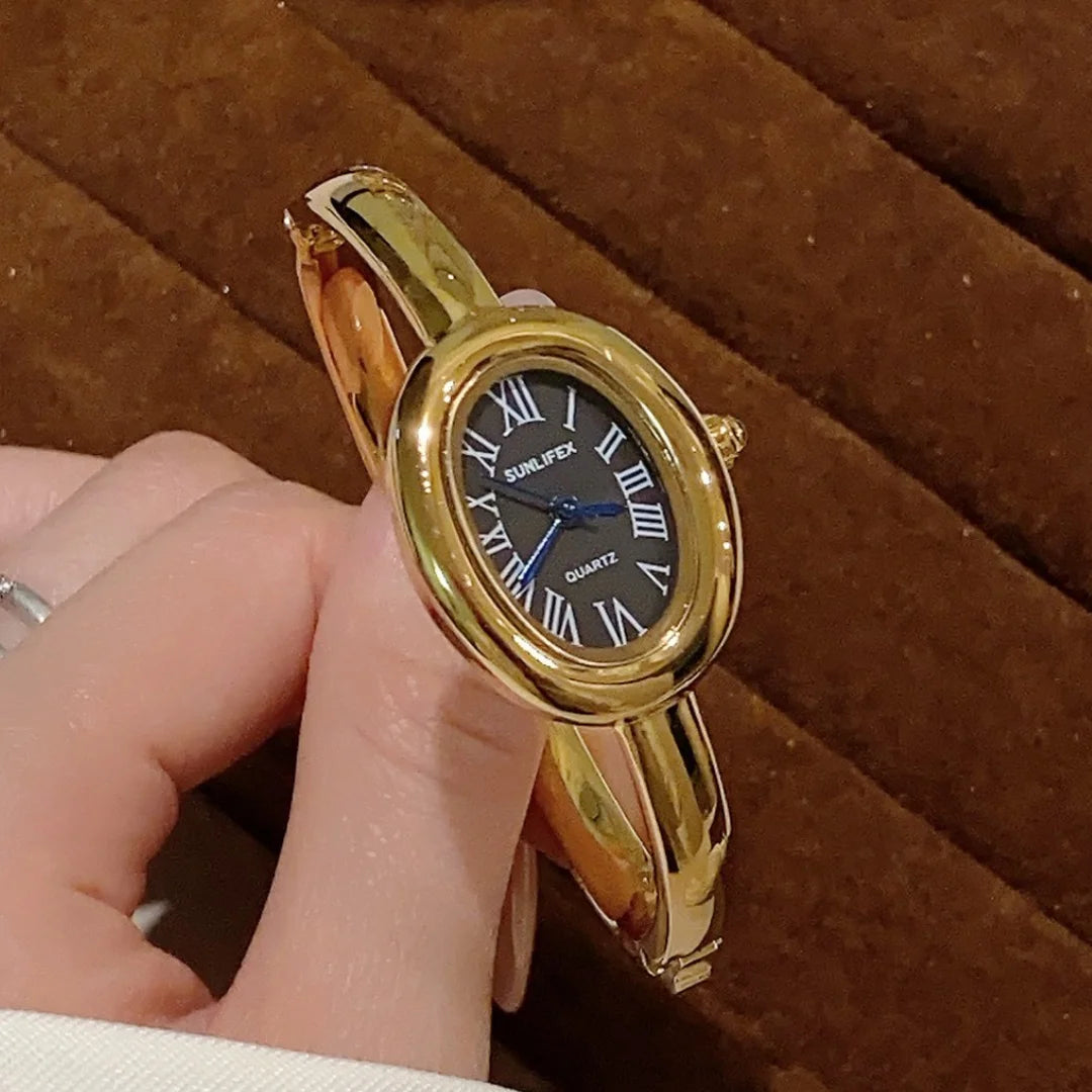 Women Rome Dial Quartz Watch Brand Luxury Gold Colors Bangle Oval  Wristwatch Relogio Feminino Gifts Clock Montre Femme
