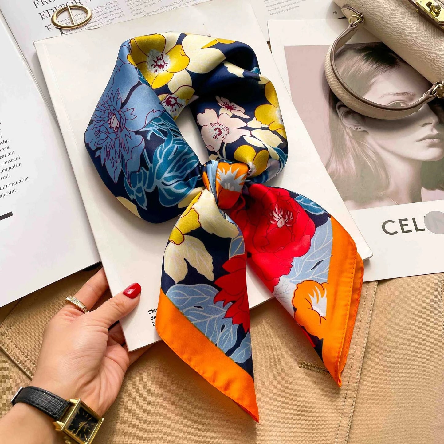Silk Square Scarf Women Luxury Floral Print Soft Satin Kerchief Hairband Neckerchief Head Hijab Lady Headband Foulard Bag Ribbon