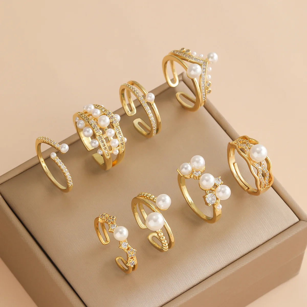 Elegant Imitation Pearl Zircon Ring for Women Girls Gold Color Sweet Adjustable Openable Copper Rings Jewelry Gifts