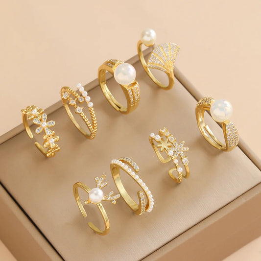 Luxury  Imitation Pearl Zircon Leaf Flower Copper Rings for Women Girls Adjustable Open Ring Jewelry Gifts for Friends