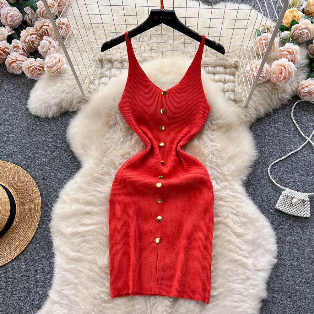 Bottons 2026 Sexy Summer Short Knit Strap Dress Women Tank Elatic Waist Bodycon Sundress Female Beach Split Backless Mini Dress