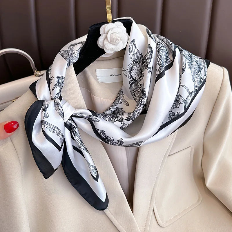 70*70cm Luxury Floral Print Silk Square Scarf Women Foulard Hairband Hands Bag Ribbon Head Hijab Neckerchief Headband Bandana