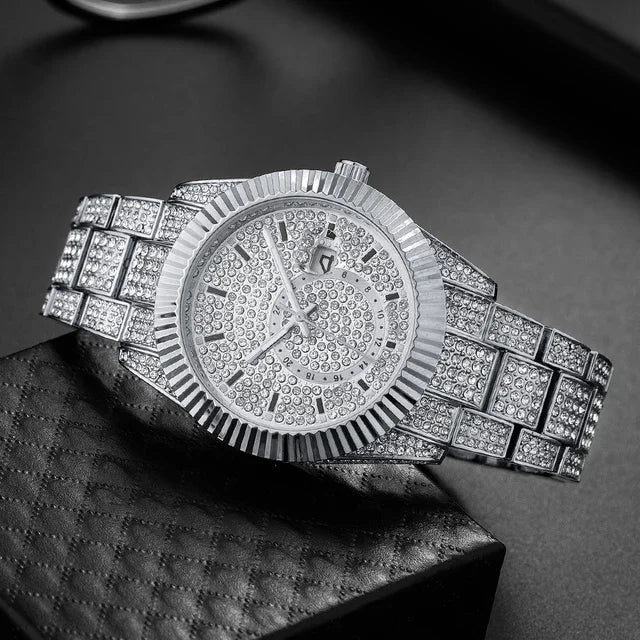 Luxury diamond-encrusted watch on a dark textured surface