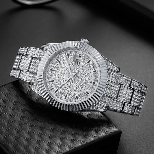 Luxury diamond-encrusted watch on a dark textured surface