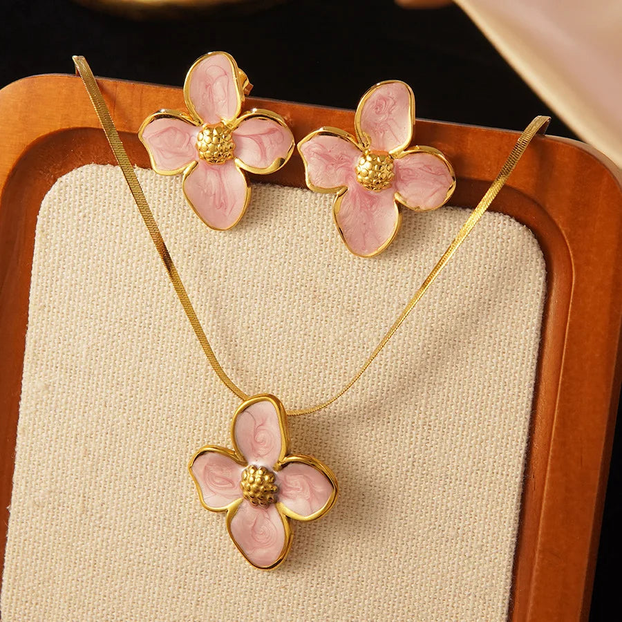 Stainless Steel Dripping Oil Flower Necklace Earring Set Light Luxury High-end Color Drip Glaze Frangipani Jewelry Set