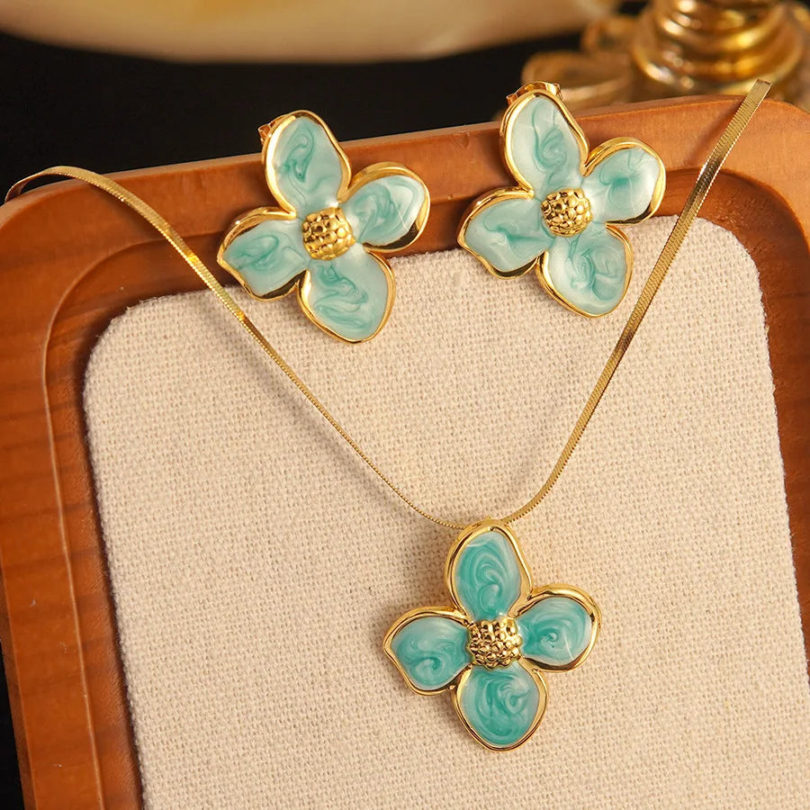 Stainless Steel Dripping Oil Flower Necklace Earring Set Light Luxury High-end Color Drip Glaze Frangipani Jewelry Set