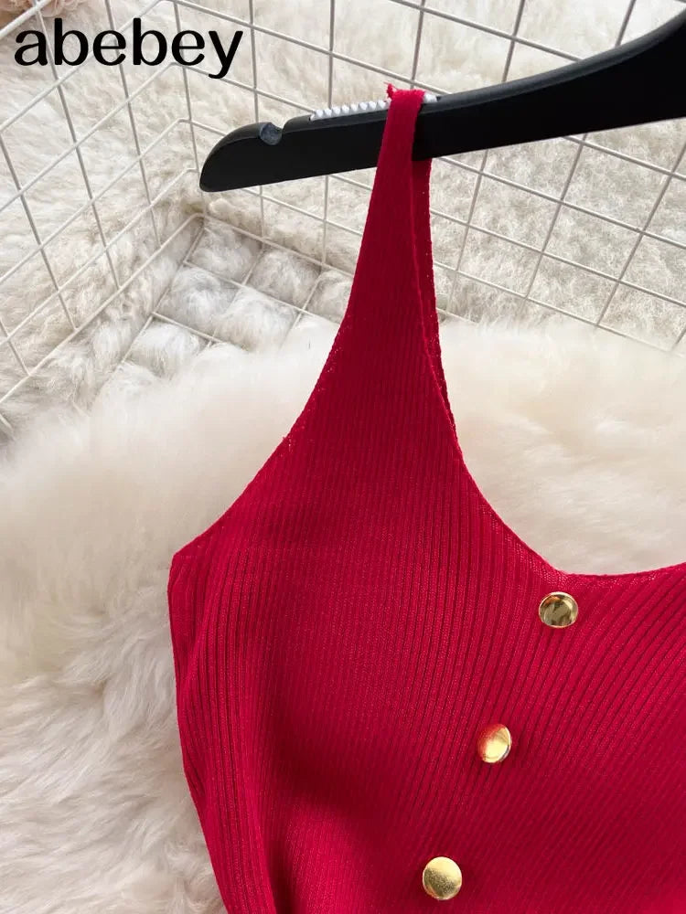 Bottons 2026 Sexy Summer Short Knit Strap Dress Women Tank Elatic Waist Bodycon Sundress Female Beach Split Backless Mini Dress
