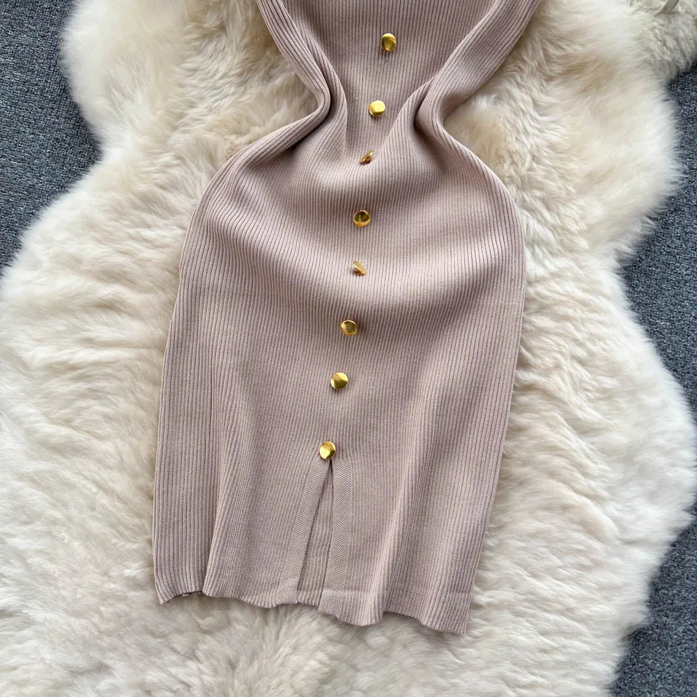 Bottons 2026 Sexy Summer Short Knit Strap Dress Women Tank Elatic Waist Bodycon Sundress Female Beach Split Backless Mini Dress