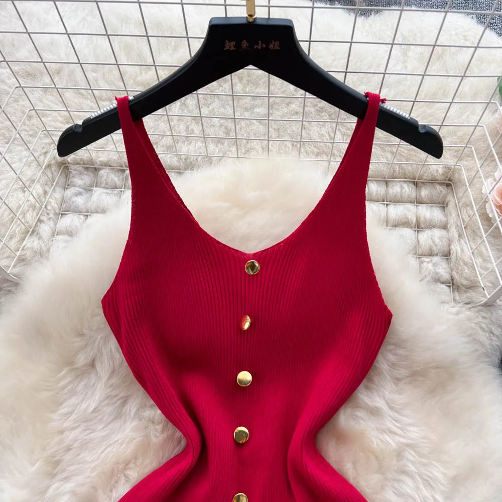 Bottons 2026 Sexy Summer Short Knit Strap Dress Women Tank Elatic Waist Bodycon Sundress Female Beach Split Backless Mini Dress