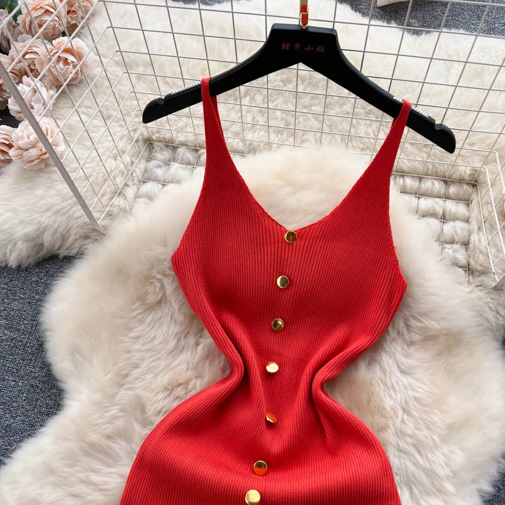 Bottons 2026 Sexy Summer Short Knit Strap Dress Women Tank Elatic Waist Bodycon Sundress Female Beach Split Backless Mini Dress